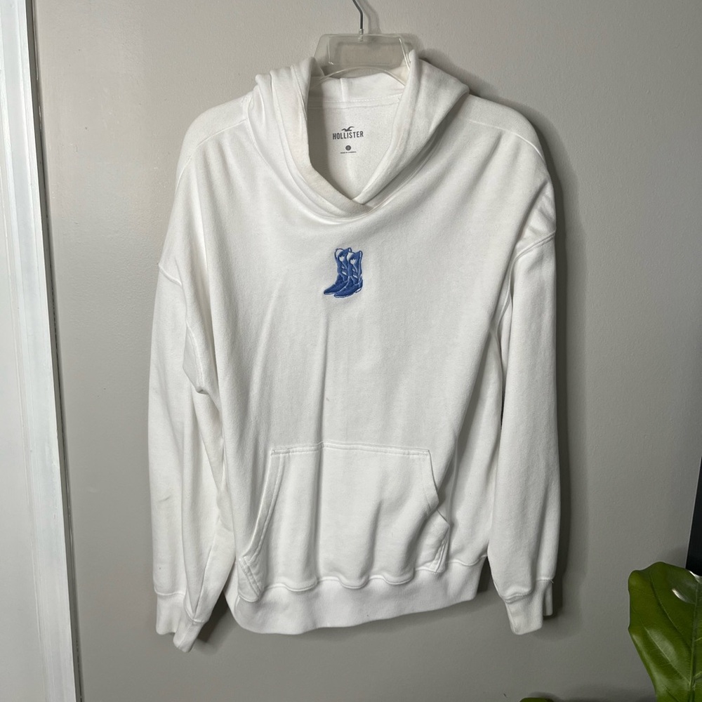 Hollister White Hoodie with Blue Embroidered Boots size small